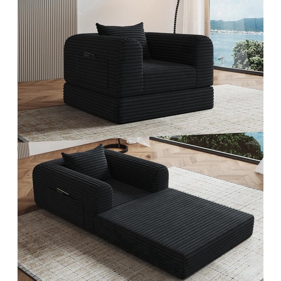 Boneless Sofa Chair, 2‑in‑1 Convertible Folding Sleeper Sofa Bed, Single Fold Out Couch for Living Room, Bedroom, Small Apartment, Black