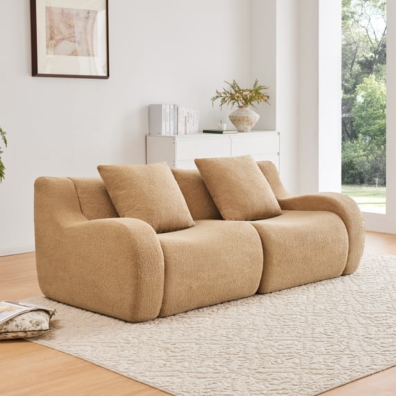 Boneless Sofa for Small Spaces, 32D High Density Sponge Teddy Fabric No Assembly Required Anti-Slip Floor Design, Camel 2-Seat Couch for Living Room Bedroom