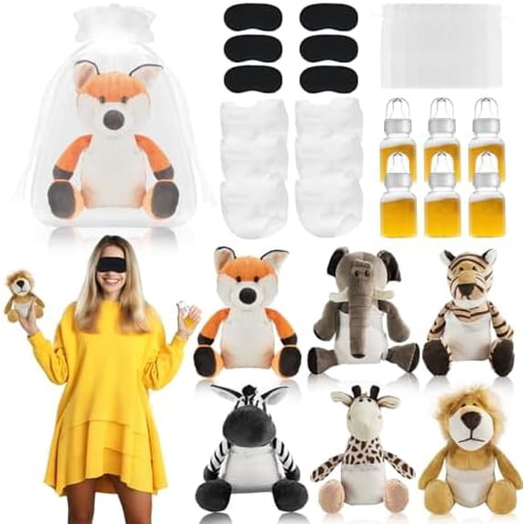 Bonerwhite 30-Pack Bottle Chug Baby Shower Games Set - Blindfold Diaper Changing, Woodland Animal Dolls & Bottles | Gender Reveal, Raffle Party Supplies & Prizes for Adults