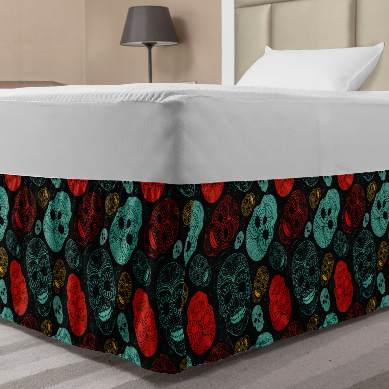 Bones Bed Skirt, Day of the Dead Inspired Ornamental Skulls, Elastic ...