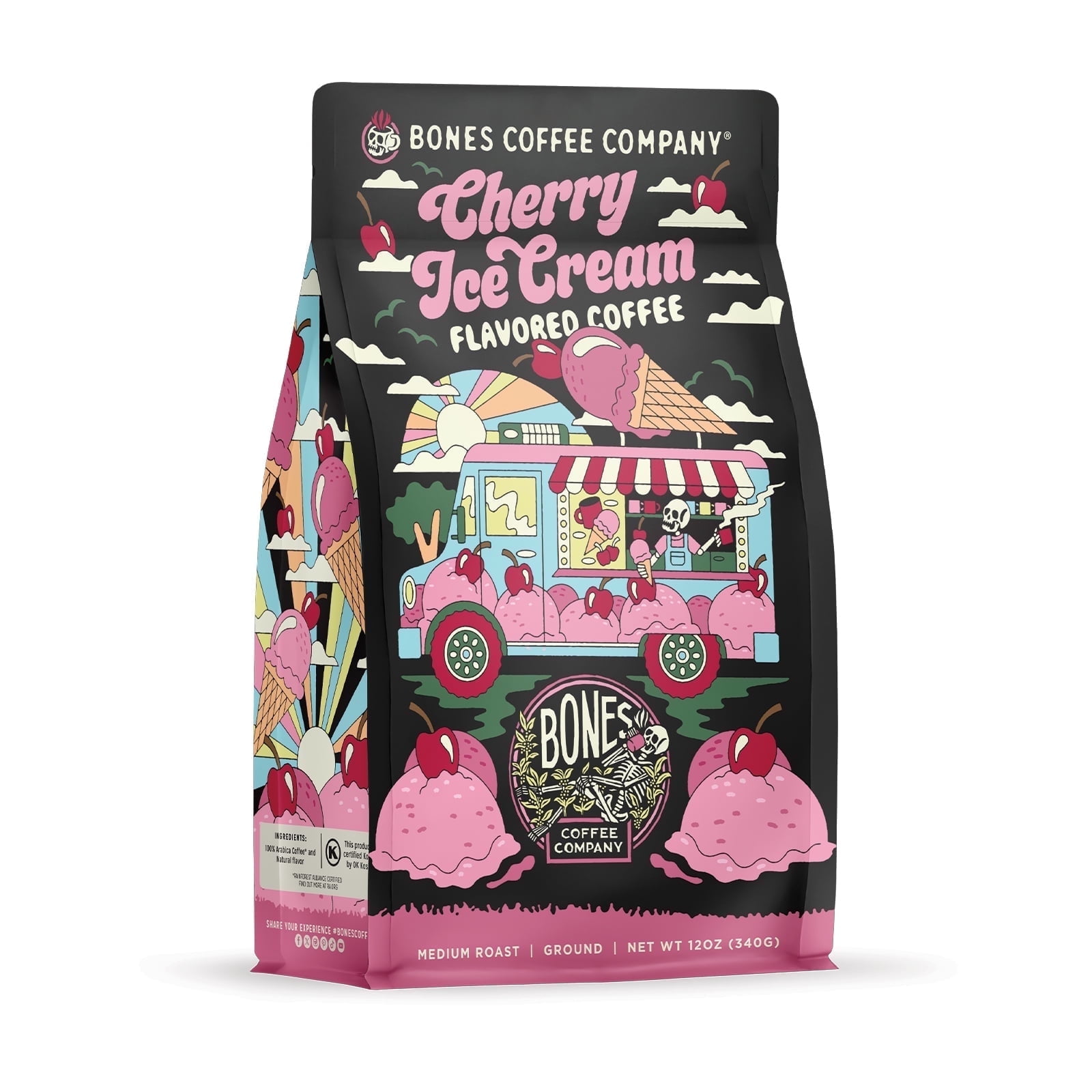 Bones Coffee Cherry Ice Cream Flavored Ground Coffee | 12 oz Cherry Ice Cream Flavored Coffee