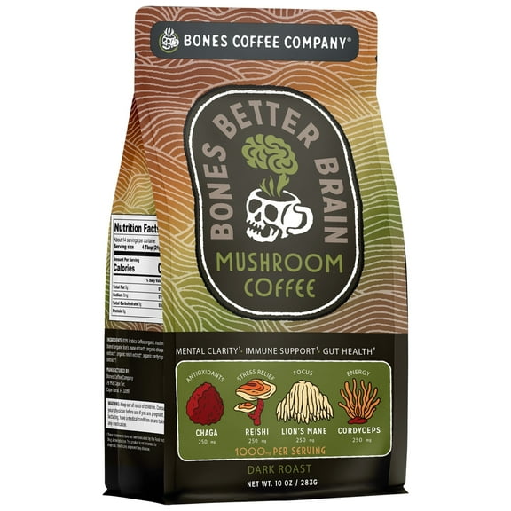 Bones Coffee Company Better Brain Mushroom Dark Roast Ground Coffee | 10oz Ground Mushroom Coffee