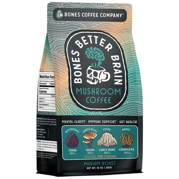 Bones Coffee Company Better Brain Mushroom Medium Roast Ground Coffee | 10oz Ground Mushroom Coffee