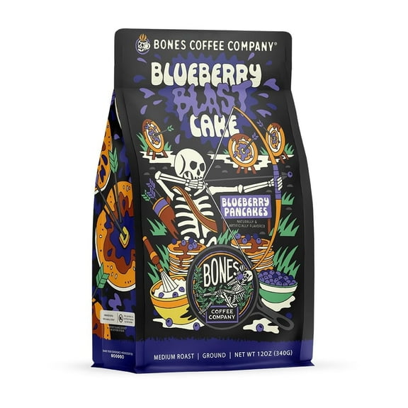 Bones Coffee Company Blueberry Blast Cake Ground Coffee Beans Blueberry Pancakes Flavor | 12 oz Flavored Coffee Gifts Low Acid Medium Roast Gourmet Coffee (Ground)
