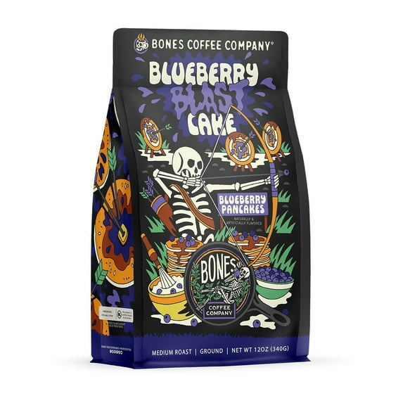 Bones Coffee Company Blueberry Blast Cake Ground Coffee Beans Blueberry Pancakes Flavor | 12 oz Flavored Coffee Gifts Low Acid Medium Roast Gourmet Coffee (Ground)