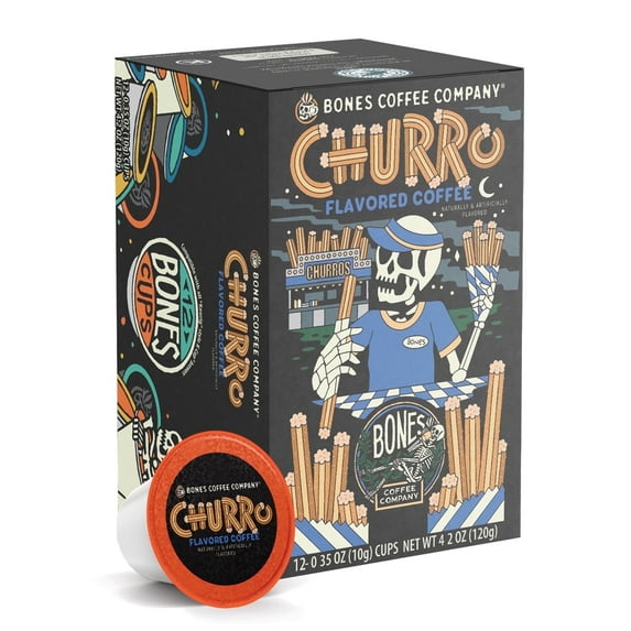 Bones Coffee Company Churro Flavored Bones Cups | 12ct Single Serve Flavored Coffee Pods Compatible with Keurig 1.0 & 2.0