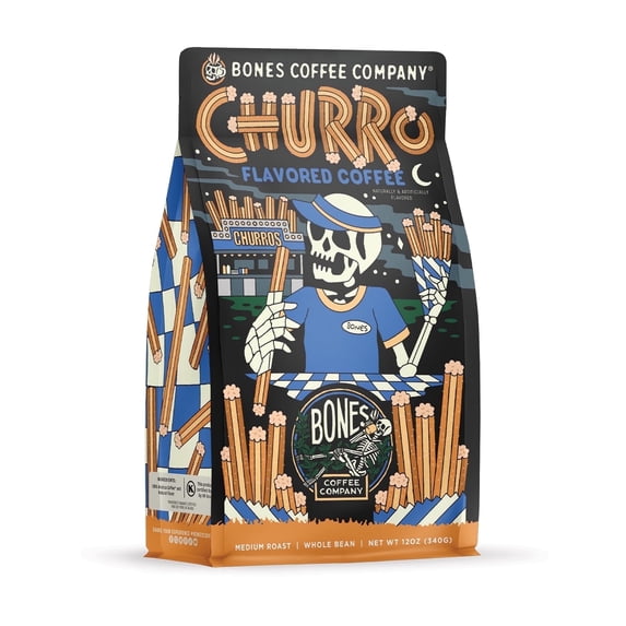 Bones Coffee Company Churro Flavored Whole Coffee Beans | 12oz Flavored Medium Roast Whole Bean Coffee