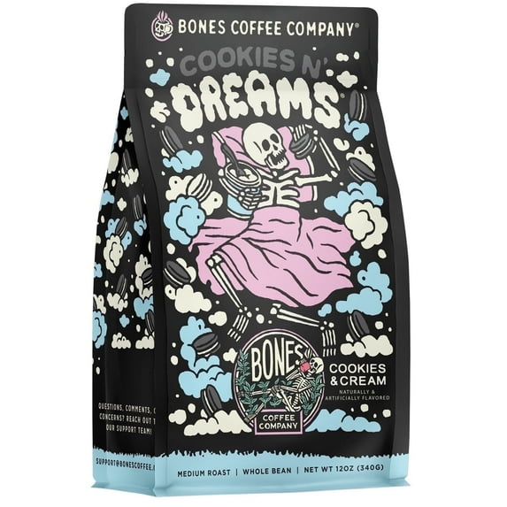 Bones Coffee Company Cookies 'N Dreams Ground Coffee Beans, Cookies & Cream Flavor, Low Acid Flavored Coffee, Made with Arabica Coffee Beans, Medium Roast Gourmet Coffee (12 oz)
