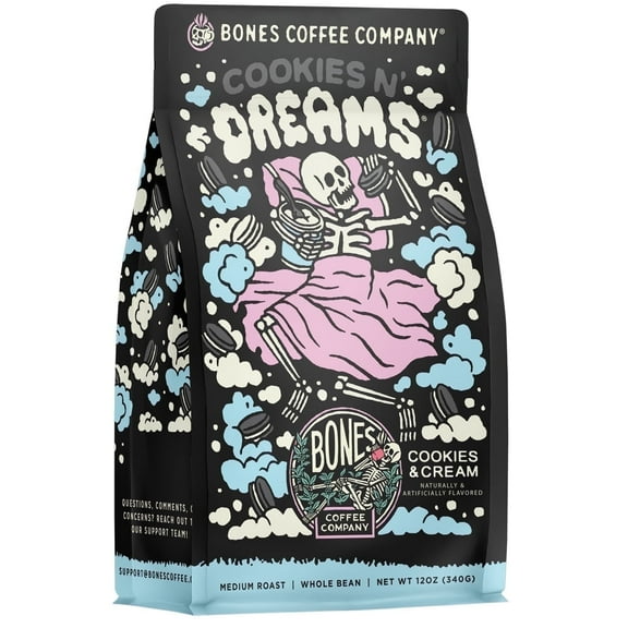 Bones Coffee Company Cookies 'N Dreams Whole Coffee Beans Cookies & Cream Flavor, Low Acid Flavored Coffee, Made with Arabica Coffee Beans, Medium Roast Coffee, Coffee Lover Gift Ideas (12 oz)