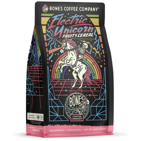 Bones Coffee Company Electric Unicorn Ground Coffee Beans Fruity Cereal With Milk Flavor, Low Acid Flavored Coffee, Made with Arabica Coffee Beans, Medium Roast Gourmet Coffee (12 oz)