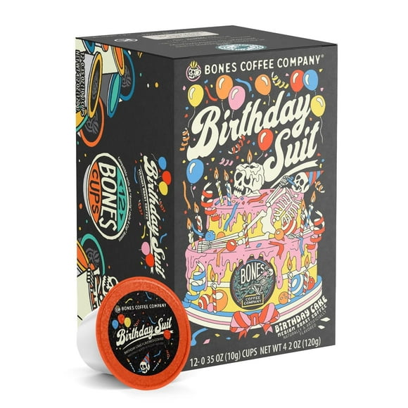 Bones Coffee Company Flavored Coffee Bones Cups Birthday Suit Flavored Pods Birthday Cake Flavor | 12ct Single-Serve Coffee Pods