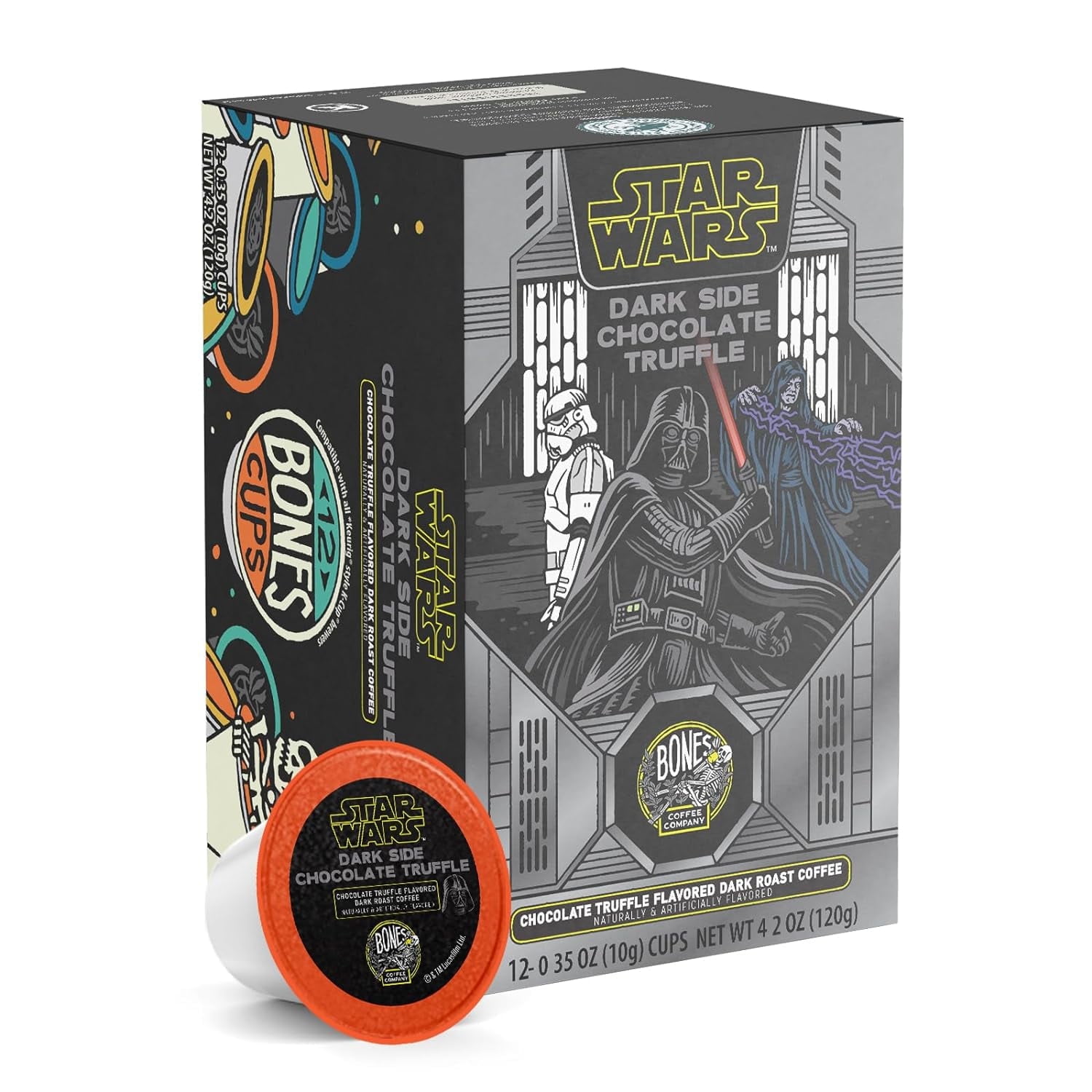 Bones Coffee Company Flavored Coffee Bones Cups Dark Side Chocolate Truffle Flavored Pods | 12ct Single-Serve Coffee Pods Compatible with Keurig 1.0 \u0026 2.0 Keurig Coffee Maker