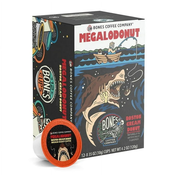 Bones Coffee Company Flavored Coffee Bones Cups Megalodonut Flavored Pods | 12ct Single-Serve Coffee Pods Compatible with Keurig 1.0 & 2.0 Keurig Coffee Maker