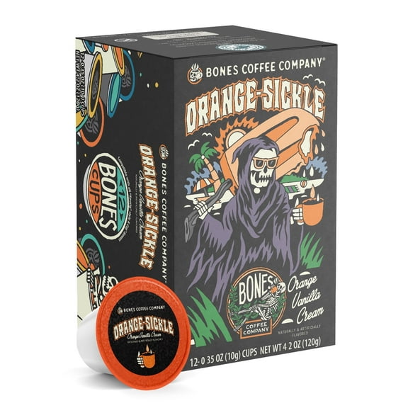 Bones Coffee Company Flavored Coffee Bones Cups Orange Sickle Flavored Pods | 12ct Single-Serve Coffee Pods Compatible with Keurig 1.0 & 2.0 Keurig Coffee Maker