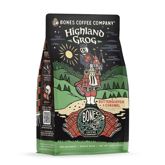 Bones Coffee Company Highland Grog, Butterscotch Caramel Flavored Coffee, Medium Roast Low Acid Arabica Beans Compatible with Auto drip and French Press Coffee Maker, 12 Oz Whole Bean