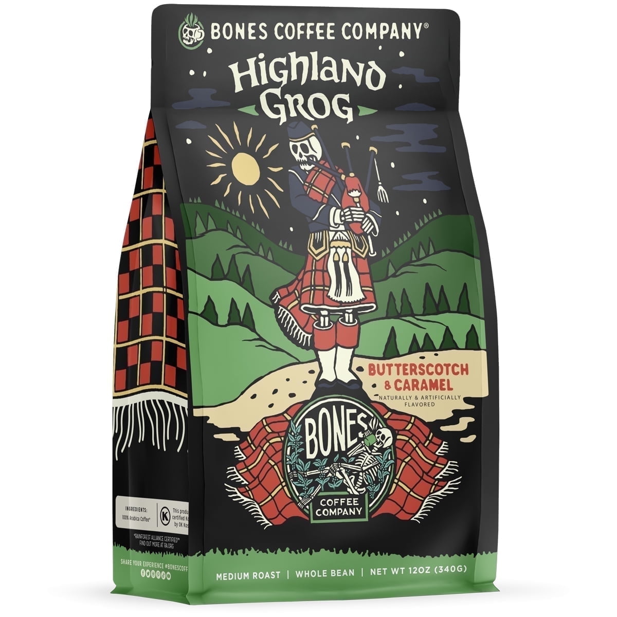 Bones Coffee Company Highland Grog Ground Coffee Beans, Butterscotch Caramel Flavor, Low Acid Flavored Coffee, Made with Arabica Coffee Beans, Medium Roast Gourmet Coffee (12 oz)