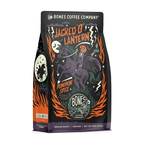 Bones Coffee Company Jacked O' Lantern Ground Coffee| 12oz Pumpkin Spice Flavored Ground Coffee