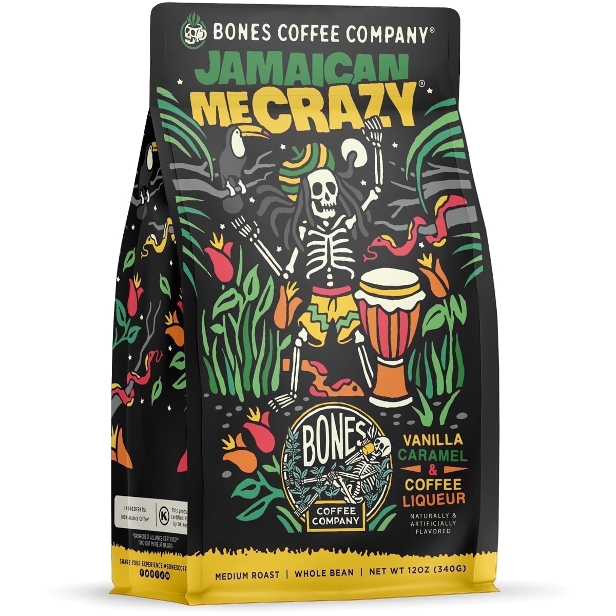 Bones Coffee Company Jamaican Me Crazy Ground Coffee Beans, Vanilla Caramel, and Coffee Liqueur Flavor, Low Acid Flavored Coffee, Made with Arabica Coffee Beans, Medium Roast Gourmet Coffee (12 oz)