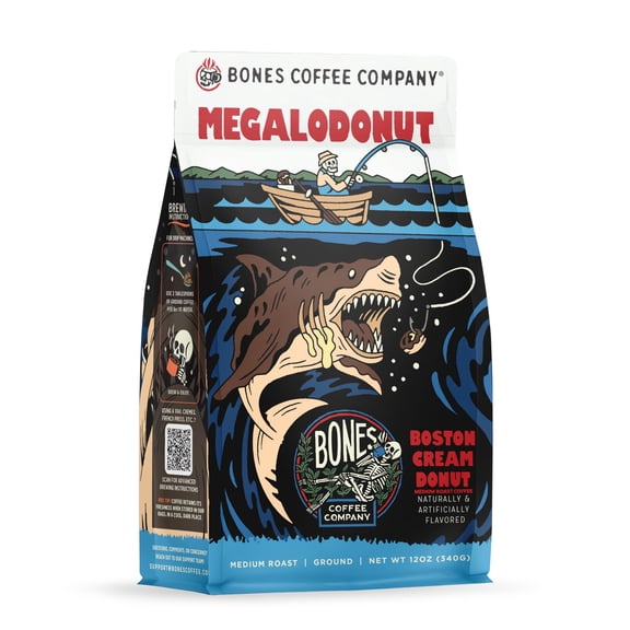 Bones Coffee Company Megalodonut, Boston Cream Donut Flavored Coffee, Medium Roast Low Acid Arabica Beans Compatible with Auto drip and French Press Coffee Maker, 12 Oz Ground
