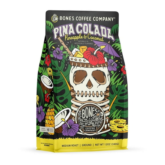 Bones Coffee Company Pina Colada Ground Coffee Beans | 12 oz Flavored Coffee Gifts Low Acid Medium Roast Gourmet Coffee (Ground)