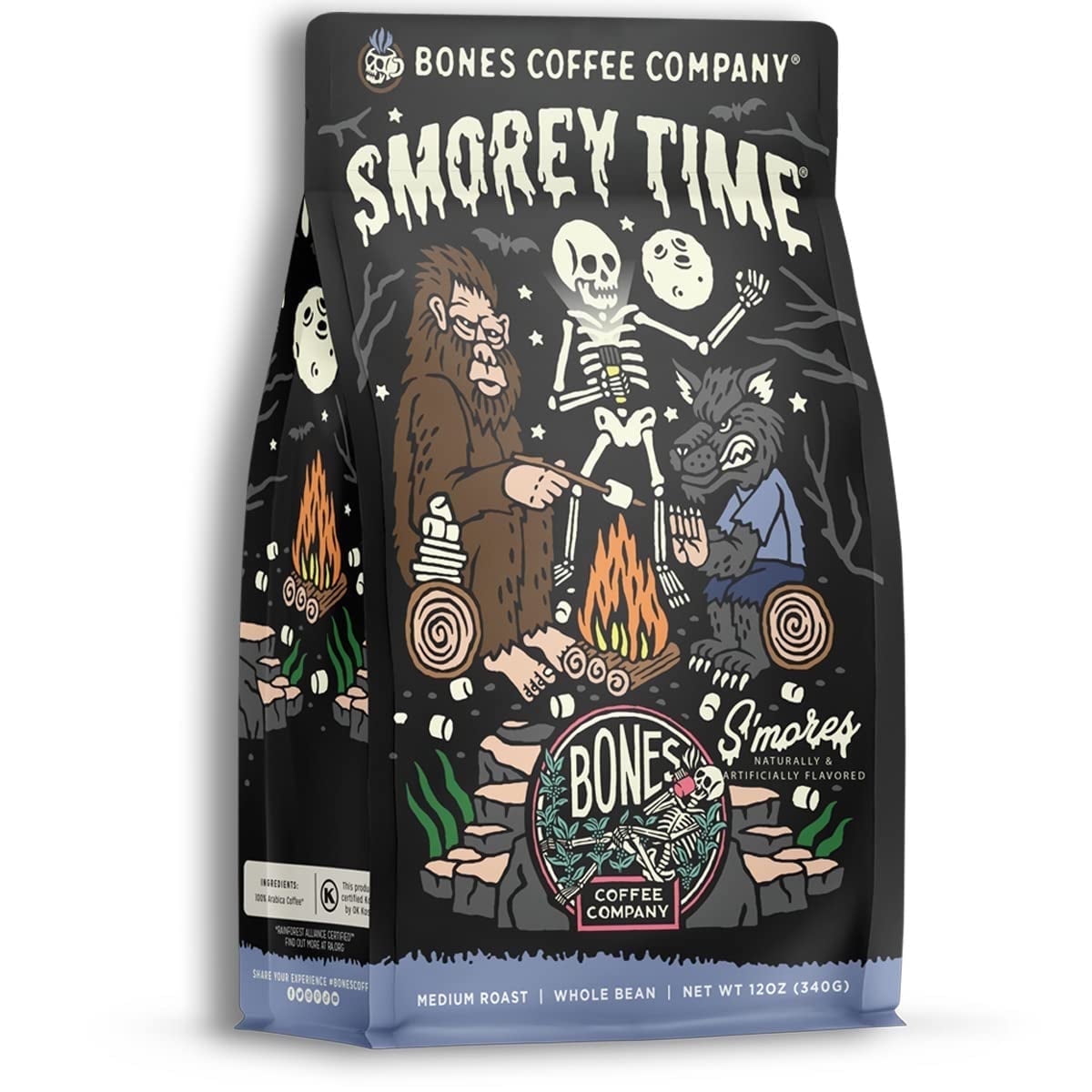 Bones Coffee Company S'morey Time Whole Coffee Beans S'mores and Graham Crackers Flavor, Low Acid Flavored Coffee, Made with Arabica Coffee Beans, Medium Roast Coffee, Coffee Lover Gift Ideas (12 oz)