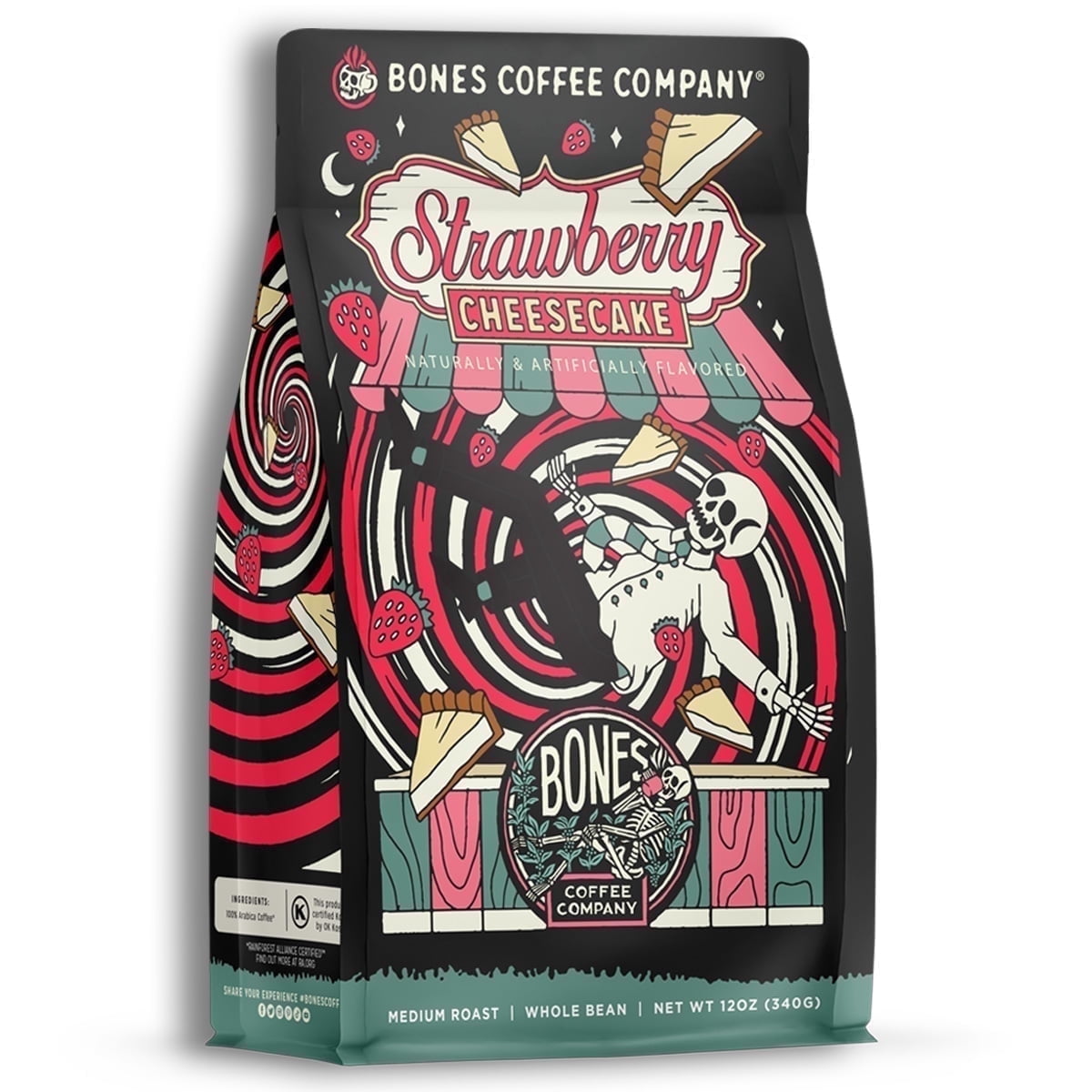Bones Coffee Company Strawberry Cheesecake Ground Coffee Beans, Low Acid Flavored Coffee, Made with Arabica Coffee Beans, Medium Roast Gourmet Coffee (12 oz)