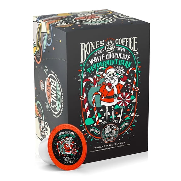 Bones Coffee Company White Chocolate Peppermint Bark Flavored Coffee Pods, Low Acid Medium Roast Single-Serve Bones Cups, Compatible with K-Cups Brewers Coffee Maker, 12 Count