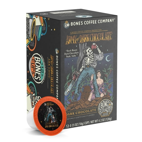 Bones Coffee Dark Roast Bones Cups | 12 ct. Single Serve Army of Dark Chocolate Dark Chocolate Flavored Coffee Pods