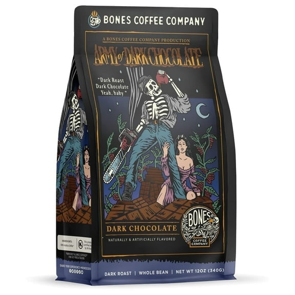 Bones Coffee Dark Roast Ground Coffee | 12 oz Army of Dark Chocolate Dark Chocolate Flavored Coffee