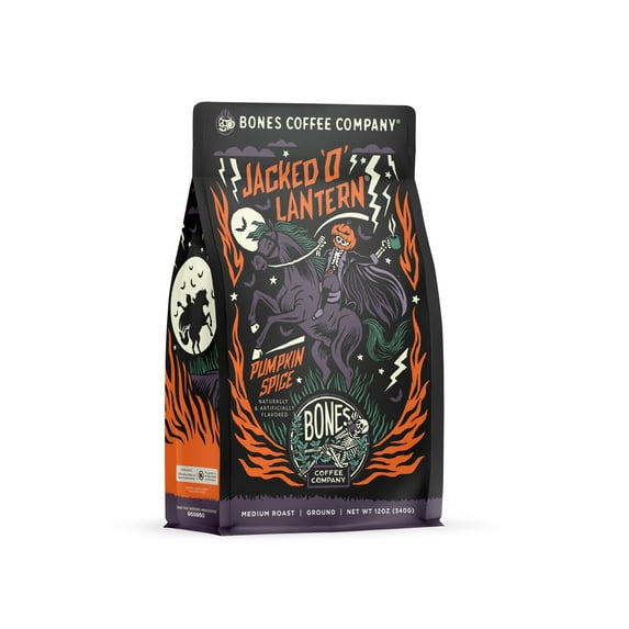Bones Coffee Company Jacked O' Lantern Whole Bean Coffee | 12oz Pumpkin Spice Flavored Whole Bean Coffee
