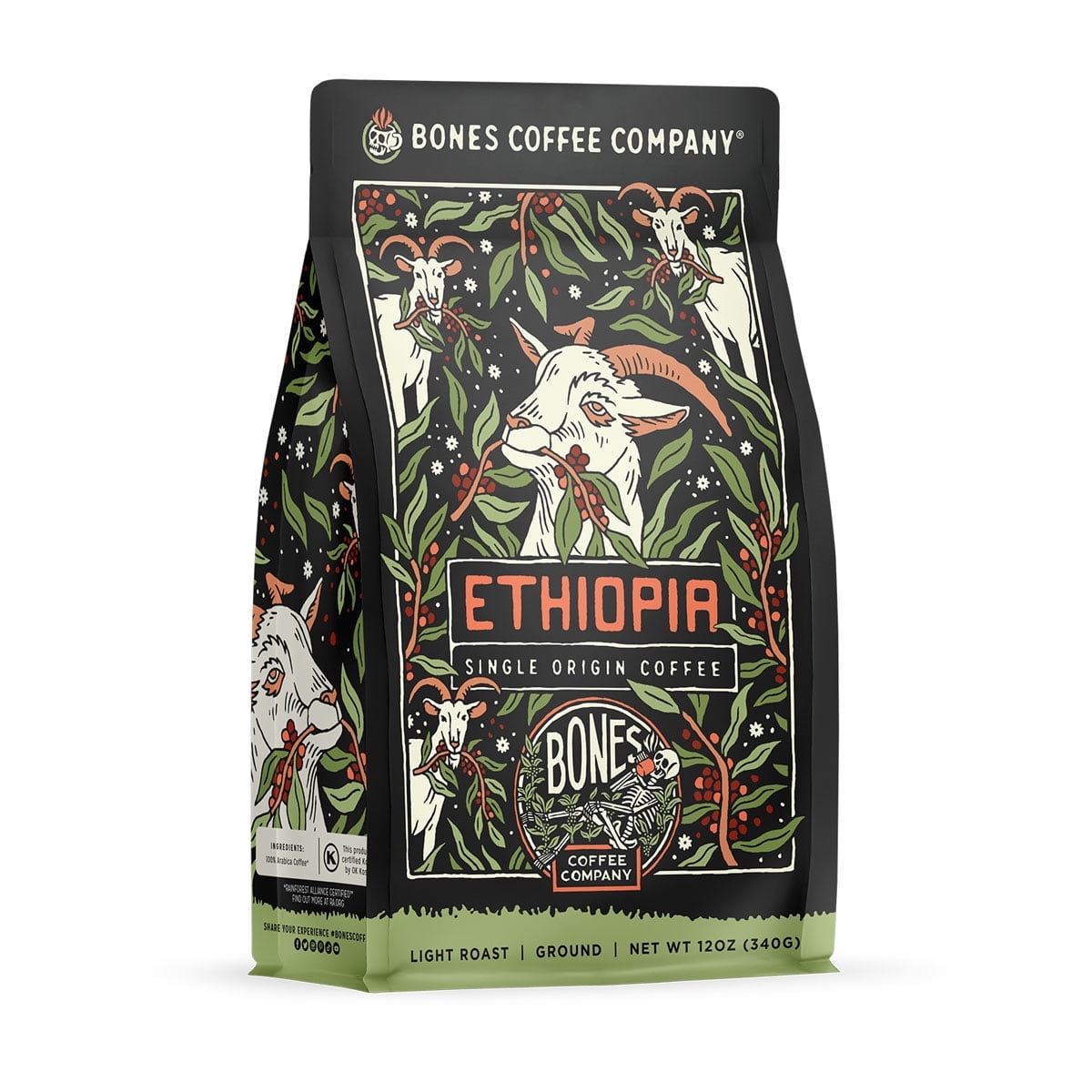 Bones Coffee Light Roast Whole Bean Coffee | 12 oz Ethiopia Single-Origin Flavored Coffee