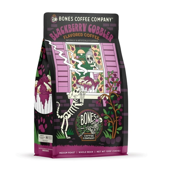 Bones Coffee Medium Roast Blackberry Flavored Whole Bean Coffee | 12 oz Blackberry Cobbler Whole Bean Coffee