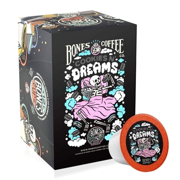 Bones Coffee Medium Roast Bones Cups | 12 ct. Single Serve Cookies 'N Dreams Cookie and Vanilla Flavored Coffee Pods