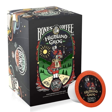 Bones Coffee Medium Roast Bones Cups | 12 ct. Single Serve Highland Grog Butterscotch and Caramel Flavored Coffee Pods