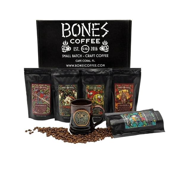 Bones Coffee Medium Roast Ground Coffee | 4 oz World Tour Gift Set Sample Pack Flavored Coffee with Mug
