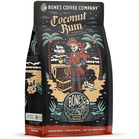 Bones Coffee Medium Roast Whole Bean Coffee | 12 oz Coconut Rum Flavored Coffee