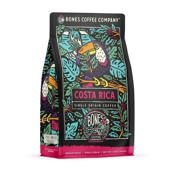 Bones Coffee Medium Roast Whole Bean Coffee | 12 oz Costa Rica Single-Origin Flavored Coffee