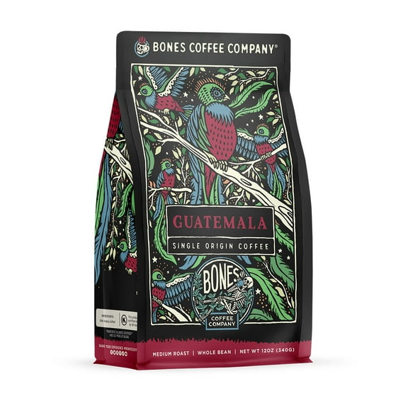 Bones Coffee Medium Roast Whole Bean Coffee | 12 oz Guatemala Single-Origin Flavored Coffee