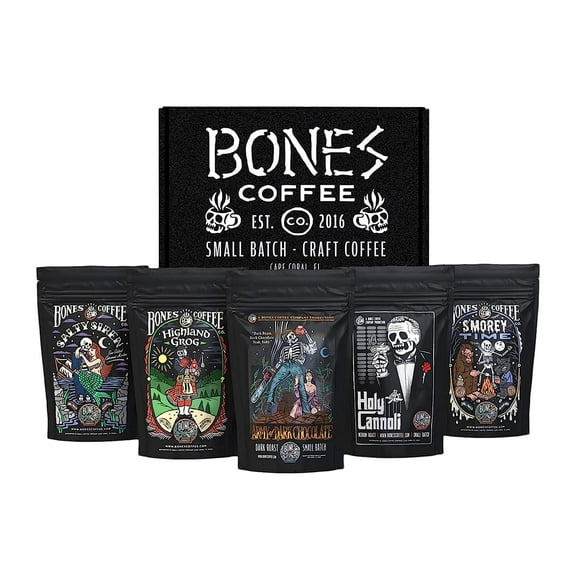 Bones Coffee Medium Roast Whole Bean Coffee | 4 oz Favorite Flavors Sample Pack Flavored Coffee