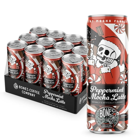 Bones Coffee Ready To Drink Latte Coffee Can | 11 Fl oz Peppermint Mocha Latte 7G Protein 12-Pack