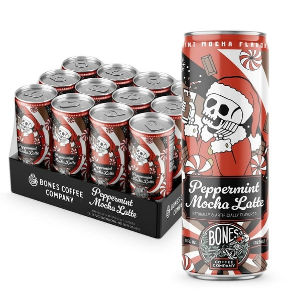 Bones Coffee Ready To Drink Latte Coffee Can | 11 Fl oz Peppermint Mocha Latte 7G Protein 12-Pack