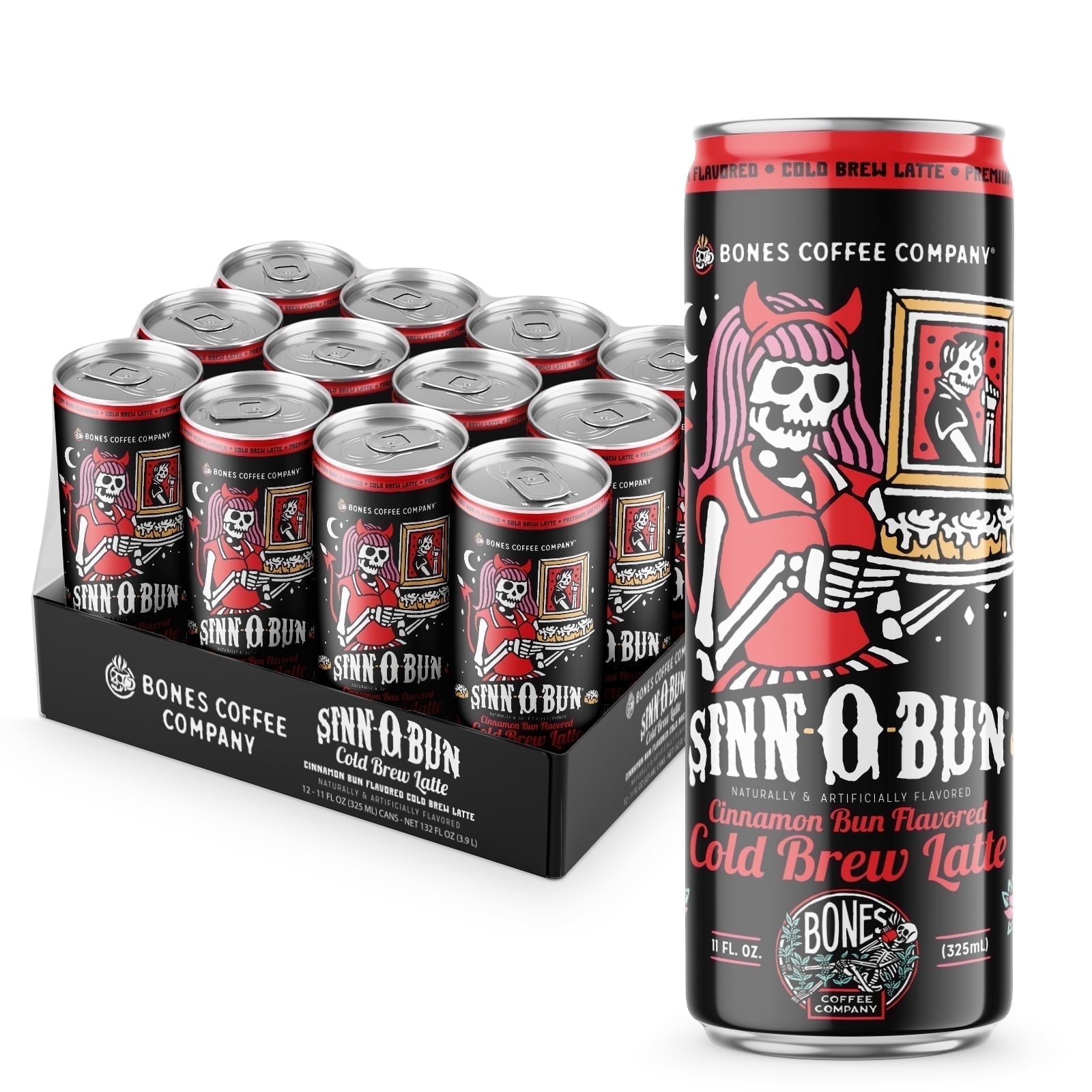Bones Coffee Ready To Drink Cold Brew Coffee Can | 11 Fl Oz Sinn-O-Bun Flavored Coffee Can (12 Pack)