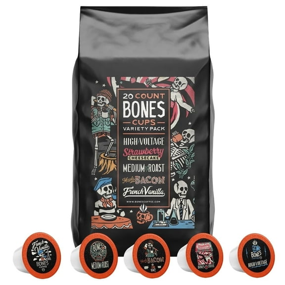 Bones Coffee Company Variety Pack Coffee Bones Cups Flavored Pods | 20 ct Single-Serve Coffee Pods Compatible with Keurig 1.0 & 2.0 Keurig Coffee Maker