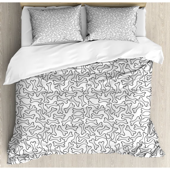 Bones Duvet Cover Set, Randomly Scattered Continuing Dog Bones Cartoon Style, Decorative 3 Piece Bedding Set with 2 Pillow Shams, Queen Size, Pale Grey Charcoal Grey, by Ambesonne
