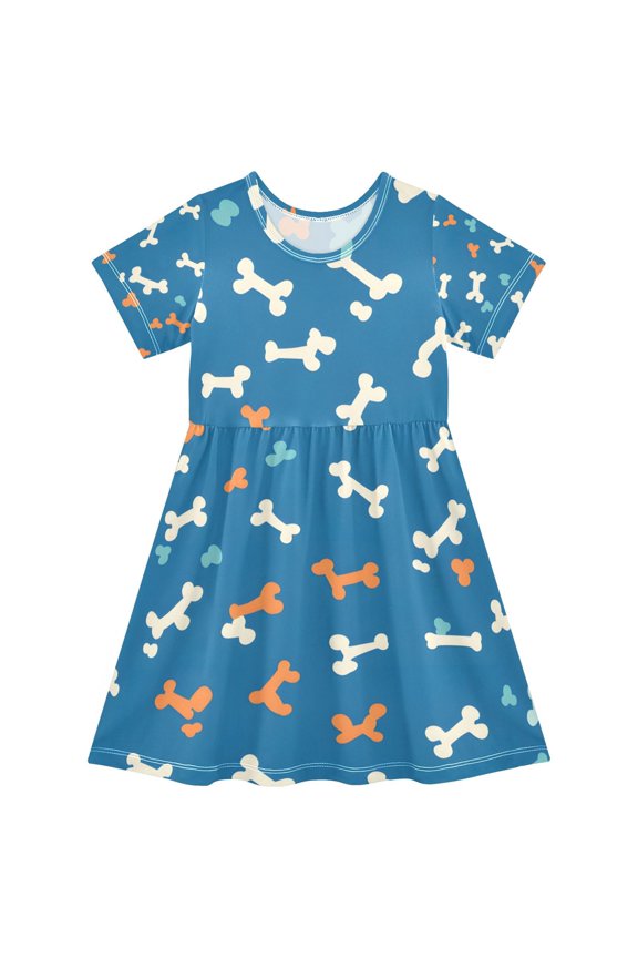 Bones Pattern Girls Short Sleeve Dress A Line Sun Protection Breathable Comfort Sundress 5-6T