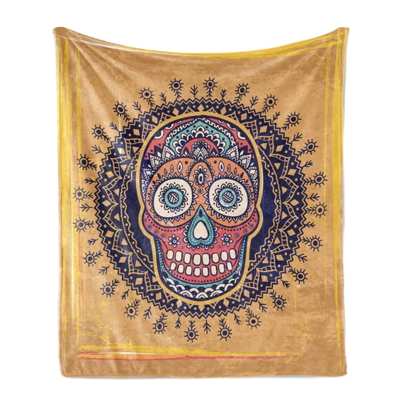 Bones Soft Flannel Fleece Blanket, Hand Drawn Grunge Style Sugar Skull with Various Motifs and Floral Details, Cozy Plush for Indoor and Outdoor Use, 50" x 60", Sand Brown Multicolor, by Ambesonne