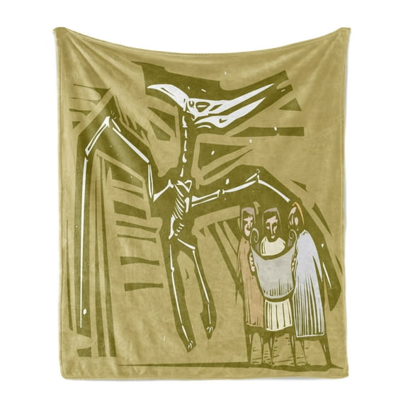 Bones Soft Flannel Fleece Throw Blanket, Woodcut Style Image of Paleontologists Studying a Dinosaur Fossil, Cozy Plush for Indoor and Outdoor Use, 50" x 60", Fawn Khaki, by Ambesonne