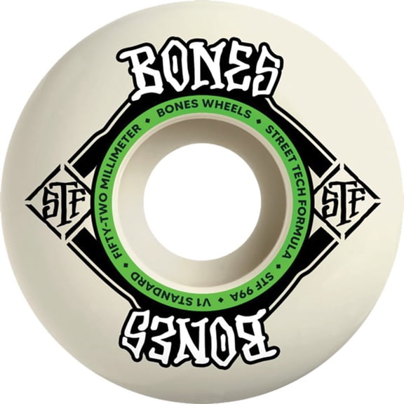 Bones Wheels STF V1 Square Logo White / Green Skateboard Wheels - 52mm 99a (Set of 4)