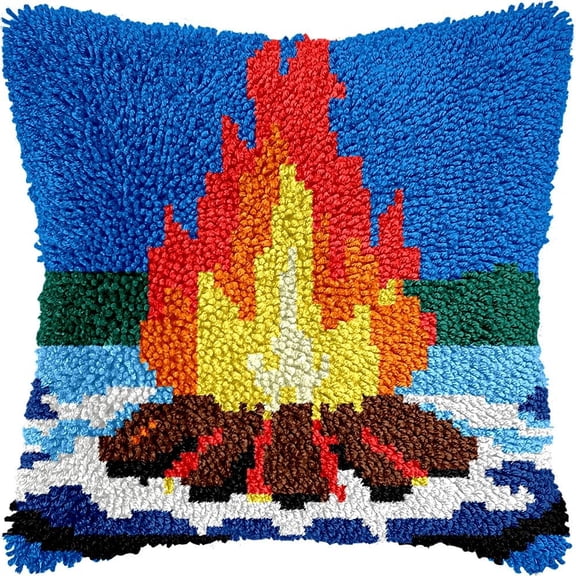 Bonfire Latch Hook Pillow Cover Kits for DIY Handmade Throw Pillow Cross Stitch Latch Hooking Pillowcase Kits with Preprinted Color Pattern Canvas Crochet Yarn Kits 17''X 17''(7-61)