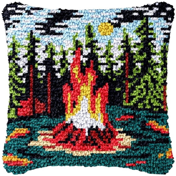 Bonfire Latch Hook Pillow Cover Kits for Needlework Cushion Throw Pillow Cross Stitch Crochet Hook Pillowcase Rug Kits Printed Canvas Crochet Yarn Kits Needlework 17'' X 17''